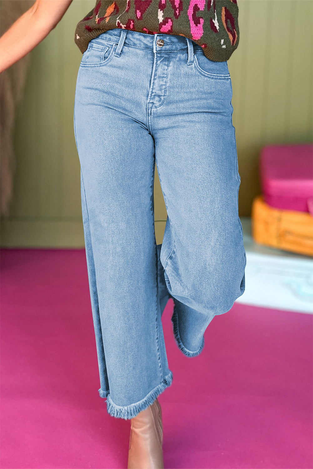 Myosotis Acid Washed High Rise Cropped Wide Leg Jeans