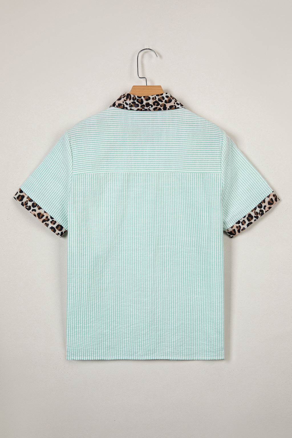 Sky Blue Stripe Leopard Contrast Collar Short Sleeve Shirt