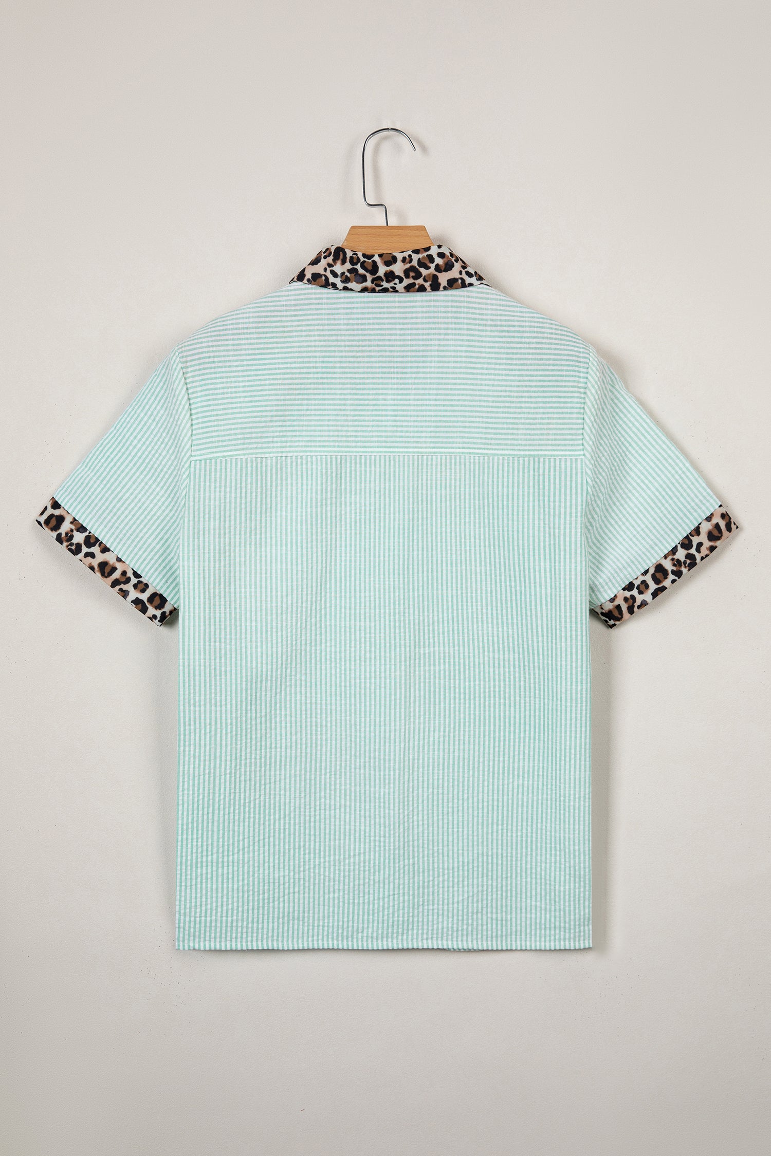 Sky Blue Stripe Leopard Contrast Collar Short Sleeve Shirt