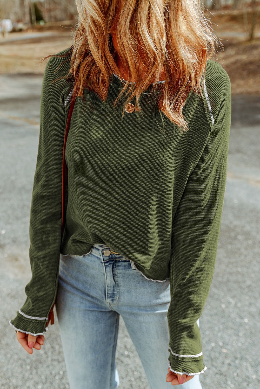 Smoke Gray Textured Round Neck Long Sleeve Top