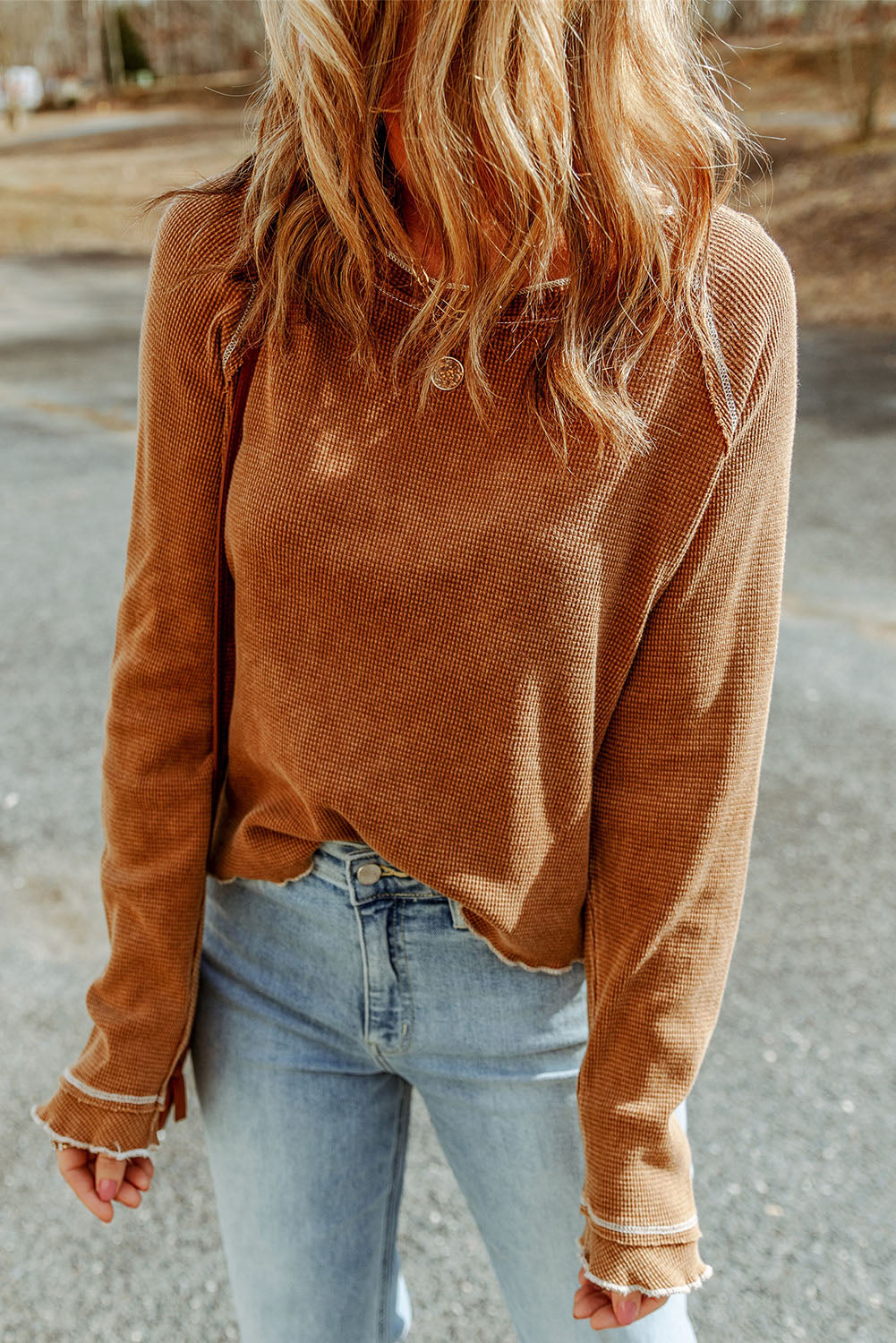 Smoke Gray Textured Round Neck Long Sleeve Top