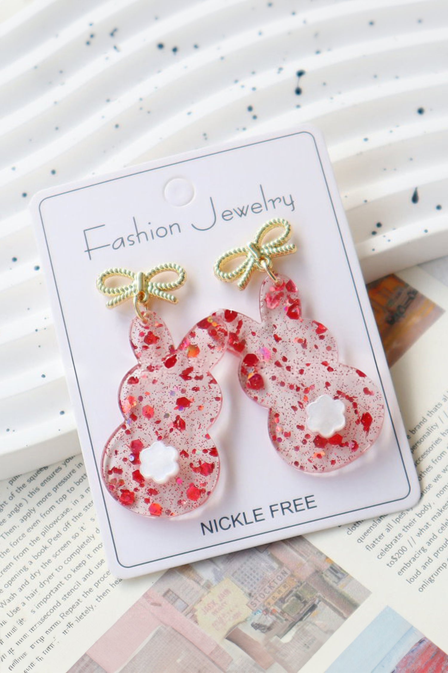 Fiery Red Clear Easter Bunny Bowknot Studded Earrings