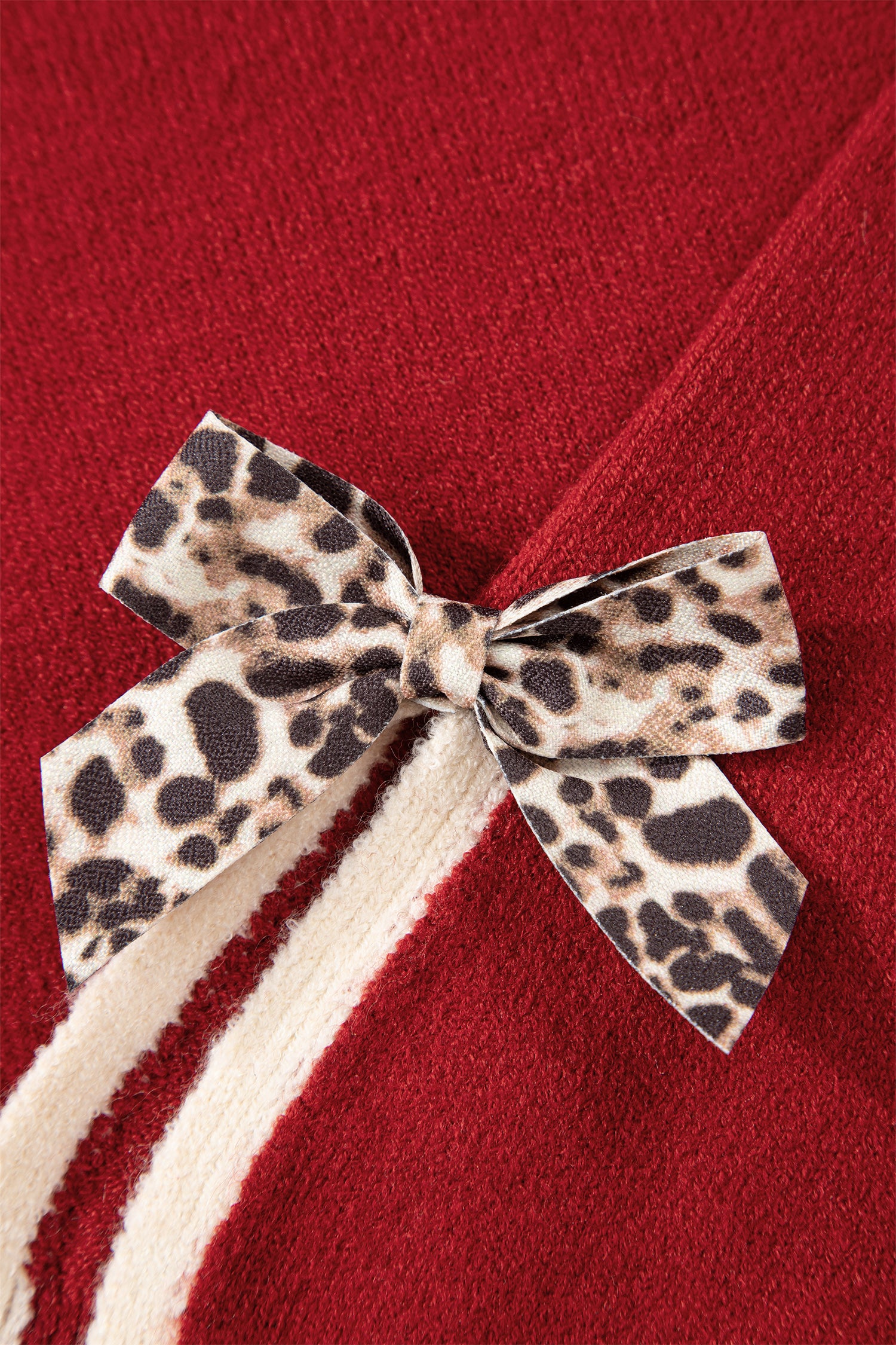 Tan Leopard Bow Decor Split Cuff Contrast Trim Sweater