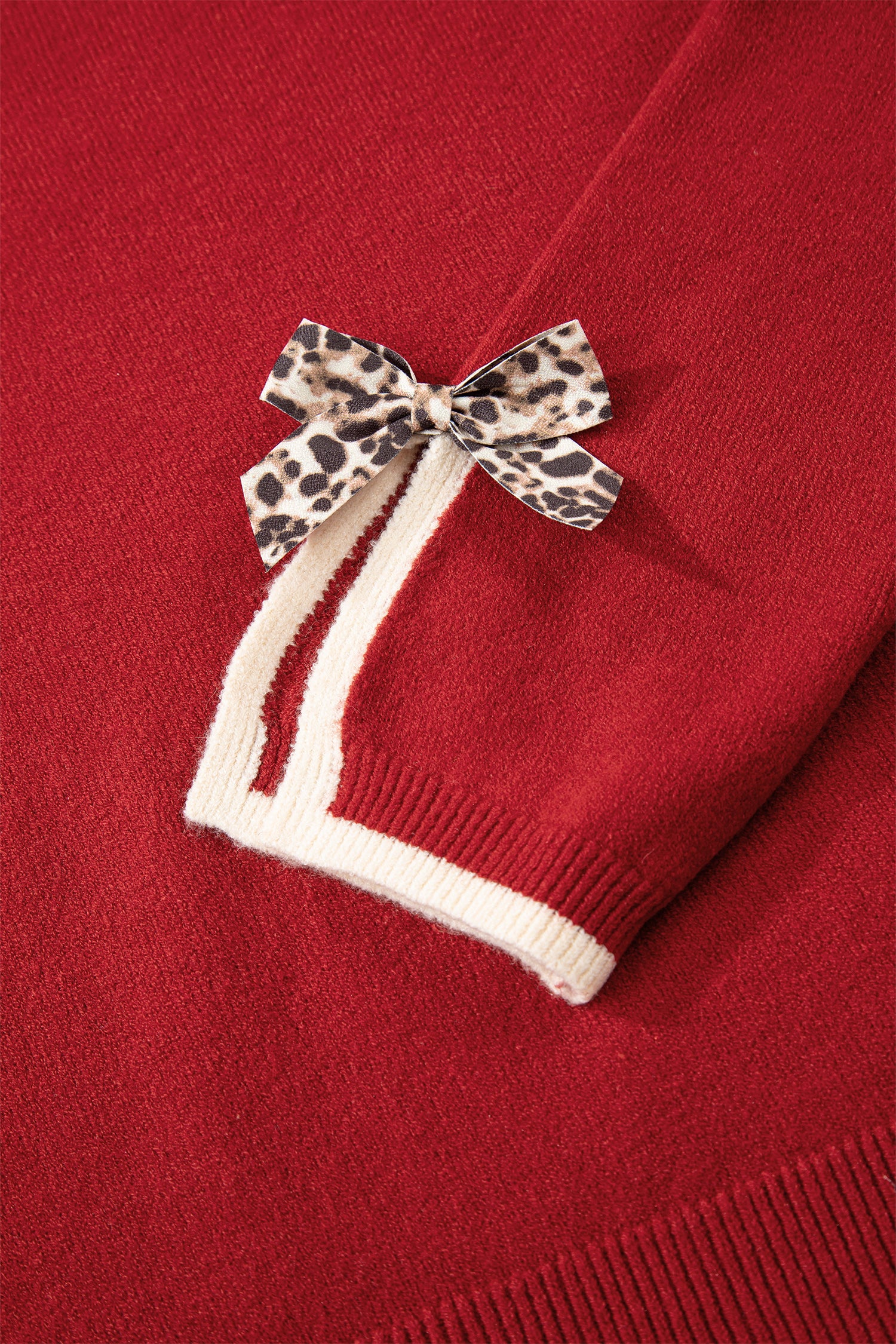 Tan Leopard Bow Decor Split Cuff Contrast Trim Sweater