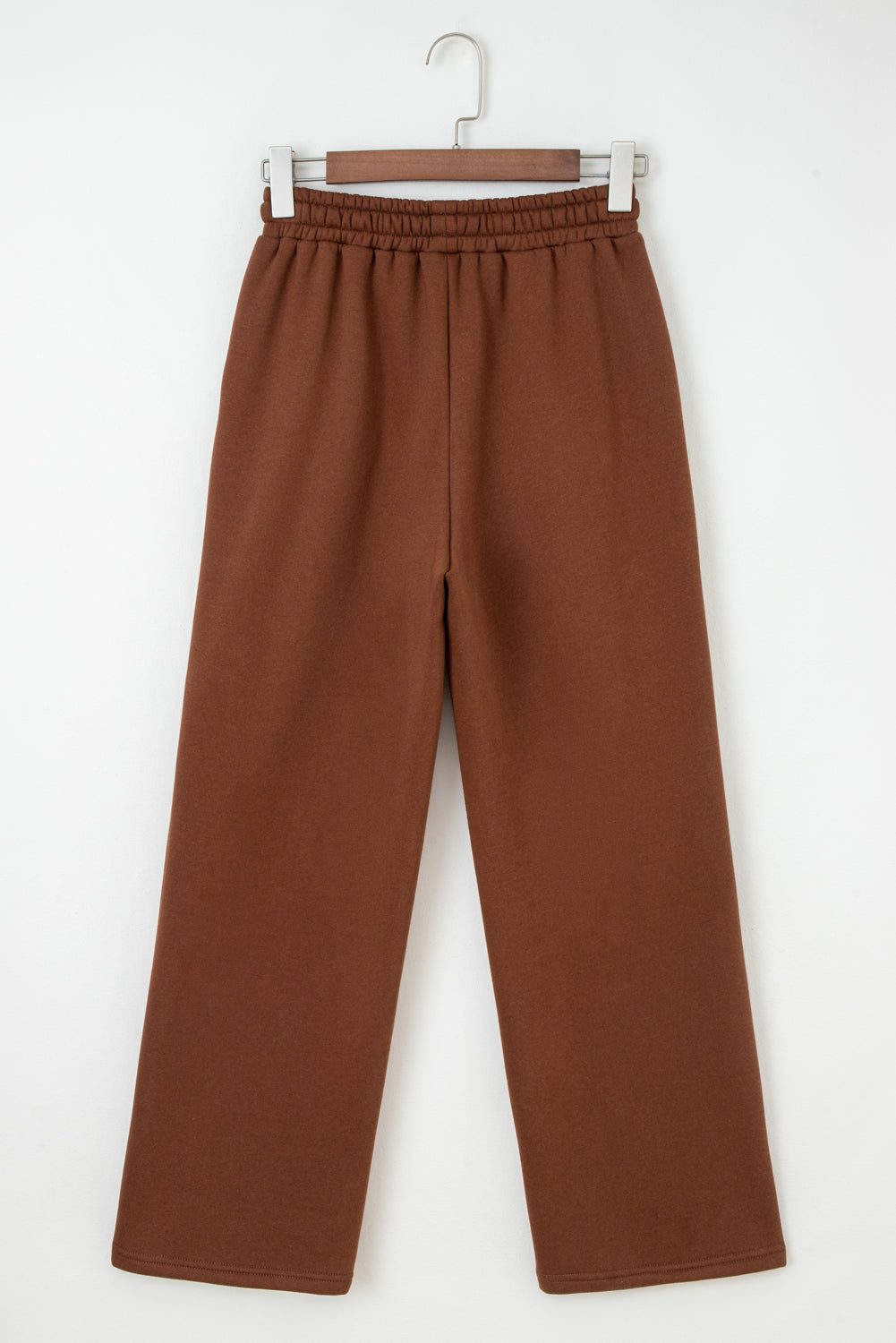 Coffee Fleece Lined Leopard Drawstring Elastic Waist Solid Pants
