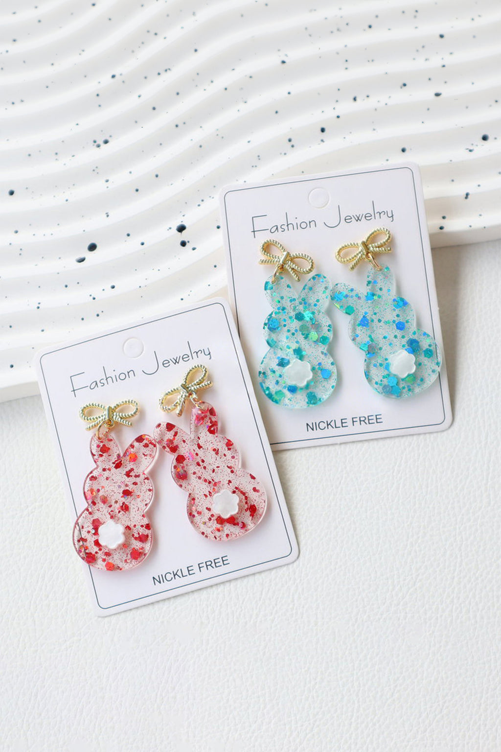 Fiery Red Clear Easter Bunny Bowknot Studded Earrings
