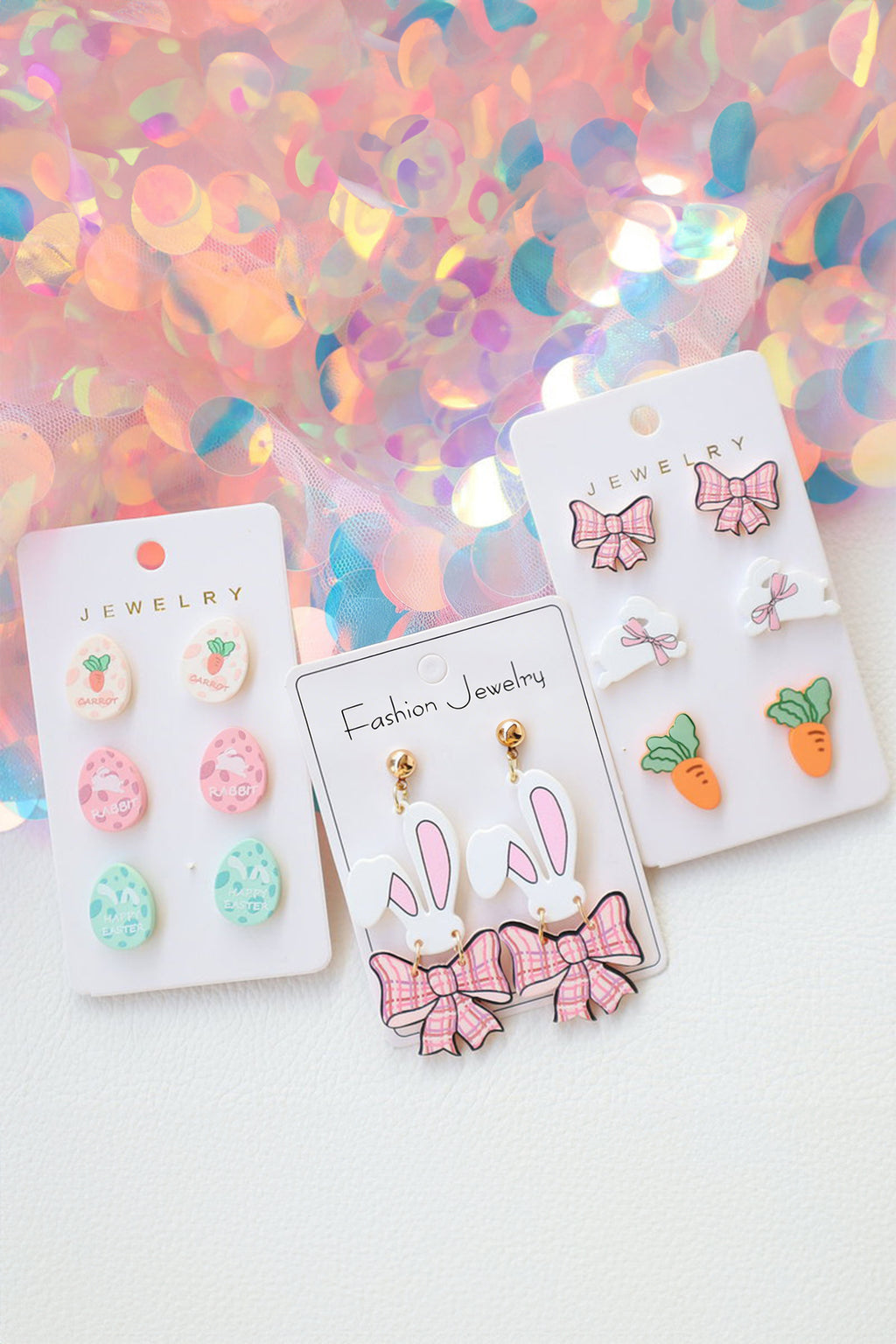 Pink Plaid Bow Easter Bunny Studded Earrings