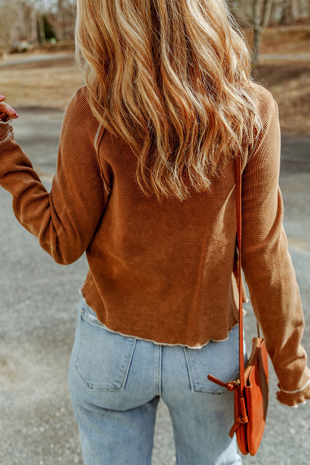 Smoke Gray Textured Round Neck Long Sleeve Top