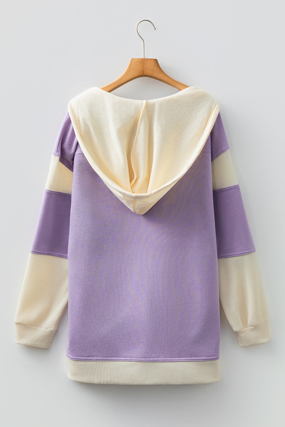 Light French Beige Waffle Contrast Knit Color Block Patchwork Button Front Oversize Hoodie