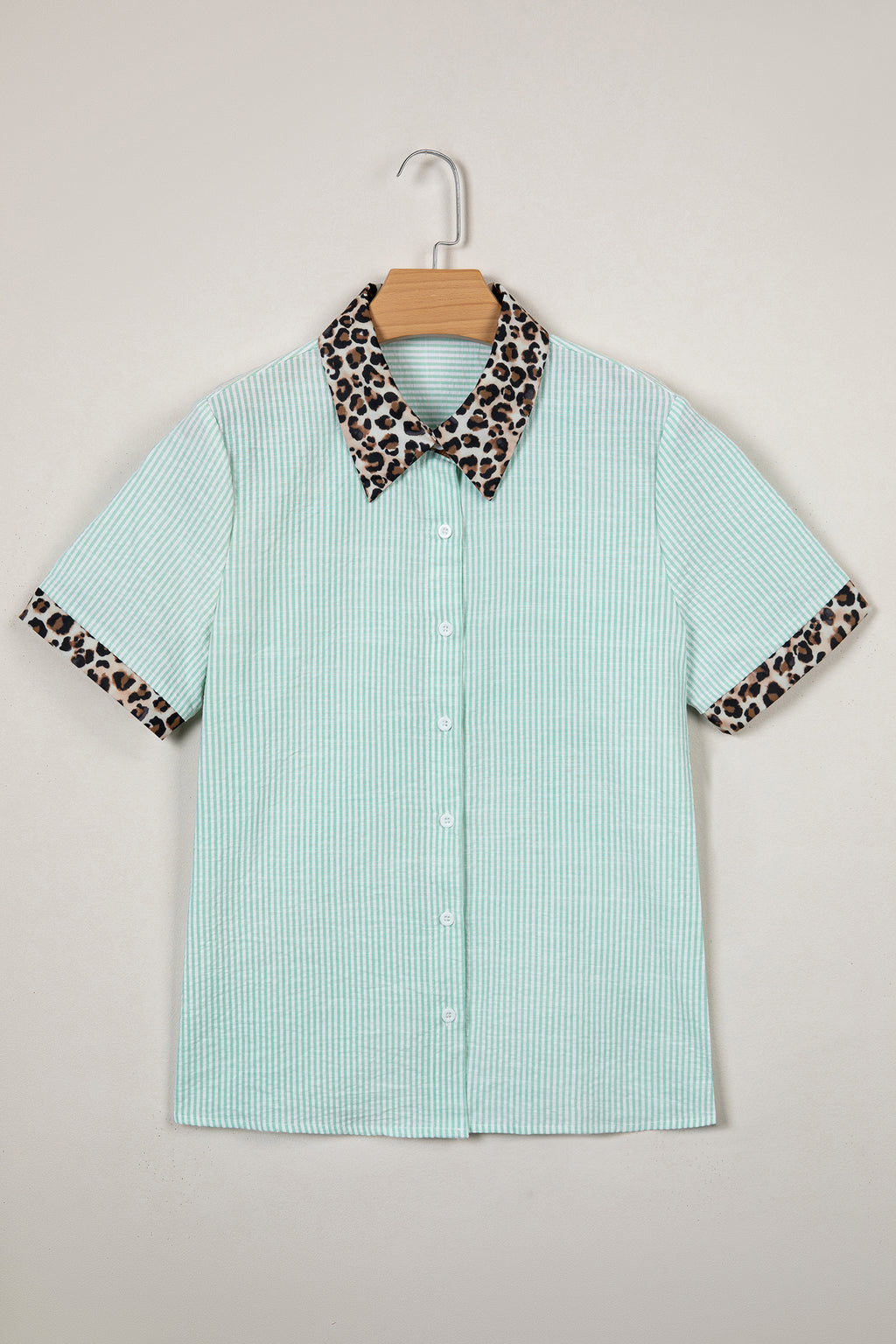 Sky Blue Stripe Leopard Contrast Collar Short Sleeve Shirt