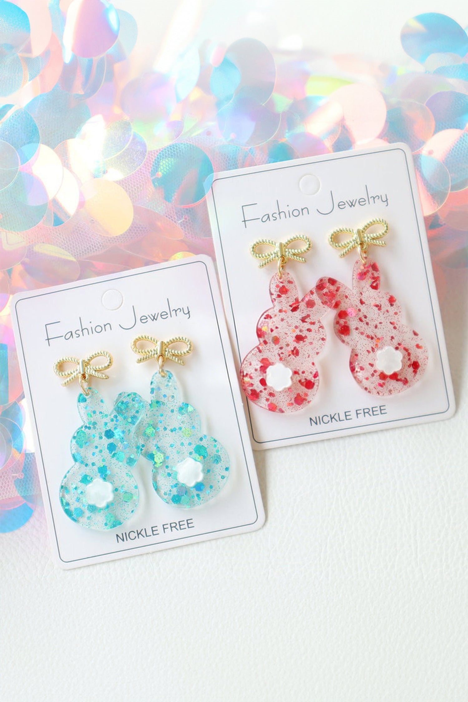 Fiery Red Clear Easter Bunny Bowknot Studded Earrings