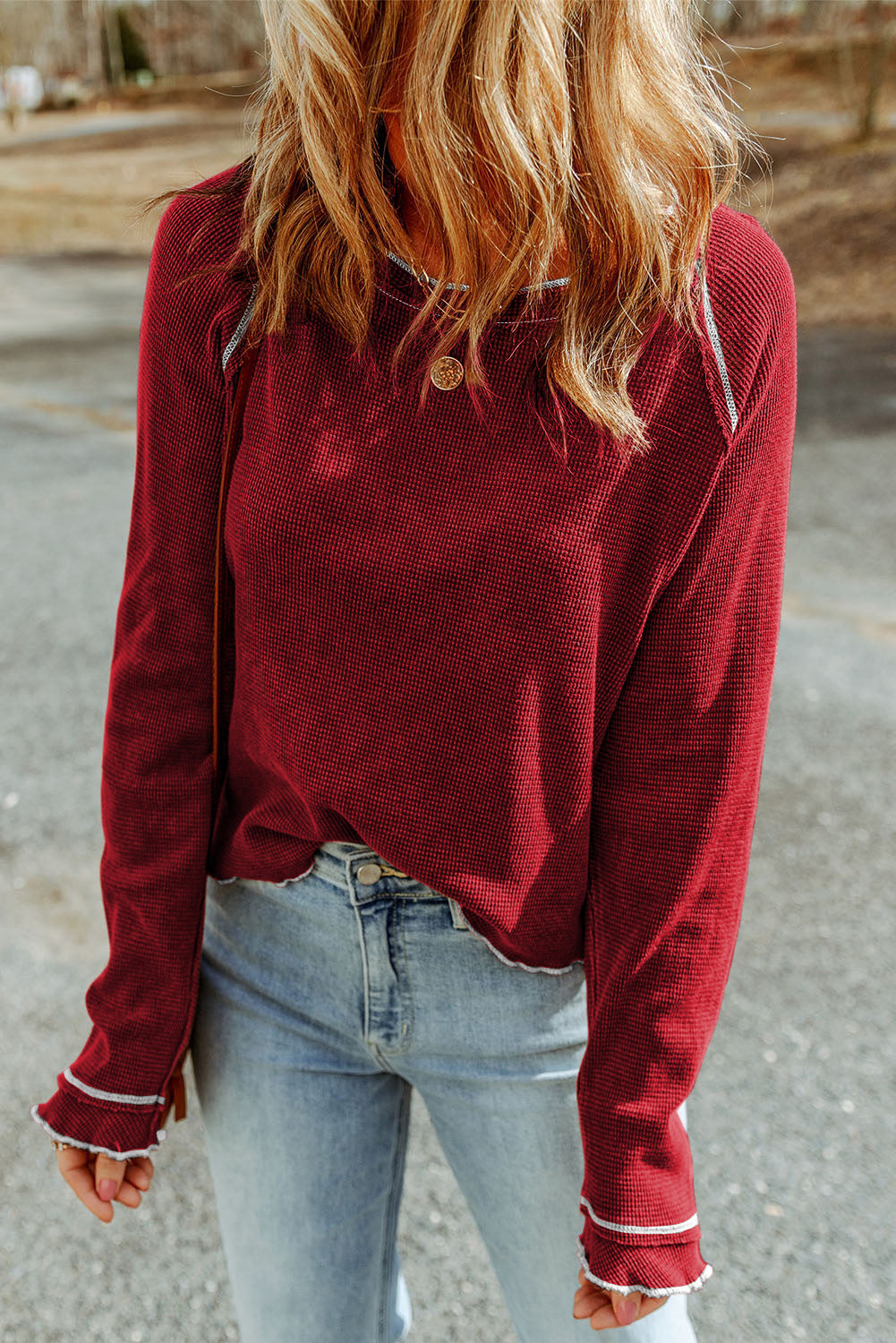 Smoke Gray Textured Round Neck Long Sleeve Top