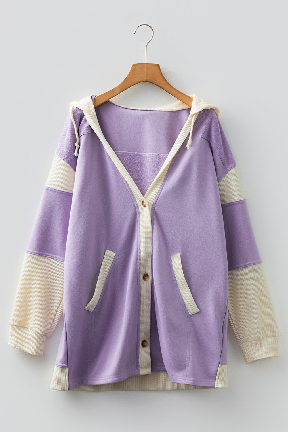 Light French Beige Waffle Contrast Knit Color Block Patchwork Button Front Oversize Hoodie
