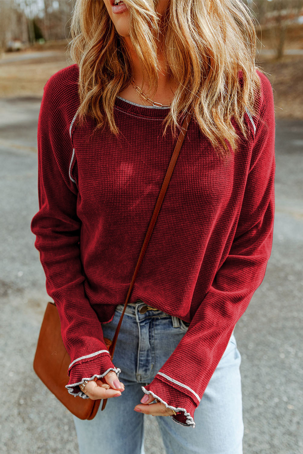Smoke Gray Textured Round Neck Long Sleeve Top