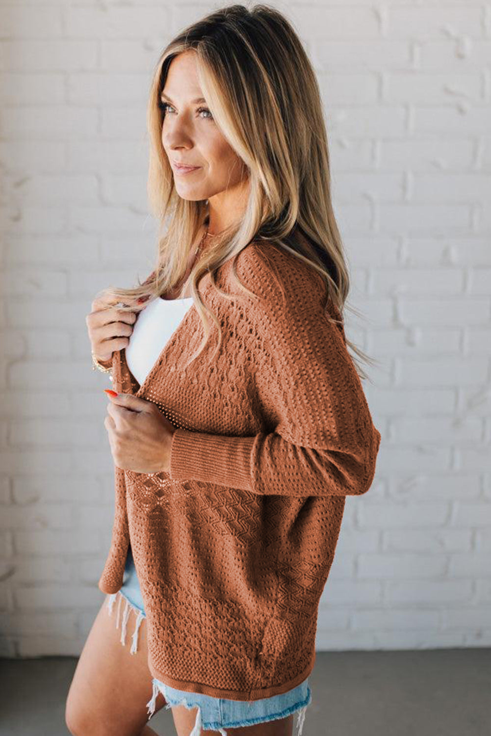 Redwood Burl Mix Pattern Hollowed Knit Open Front Cardigan