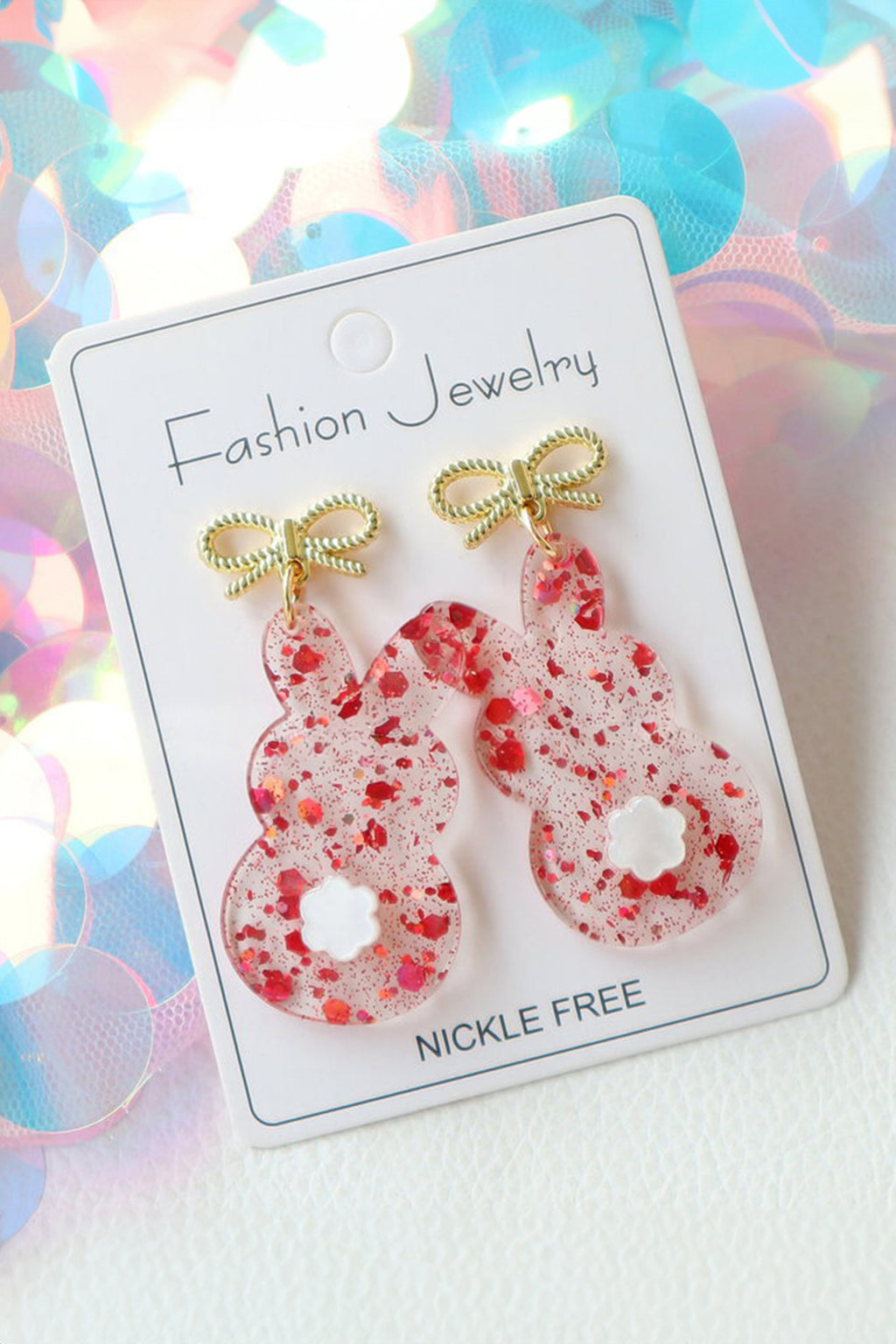 Fiery Red Clear Easter Bunny Bowknot Studded Earrings