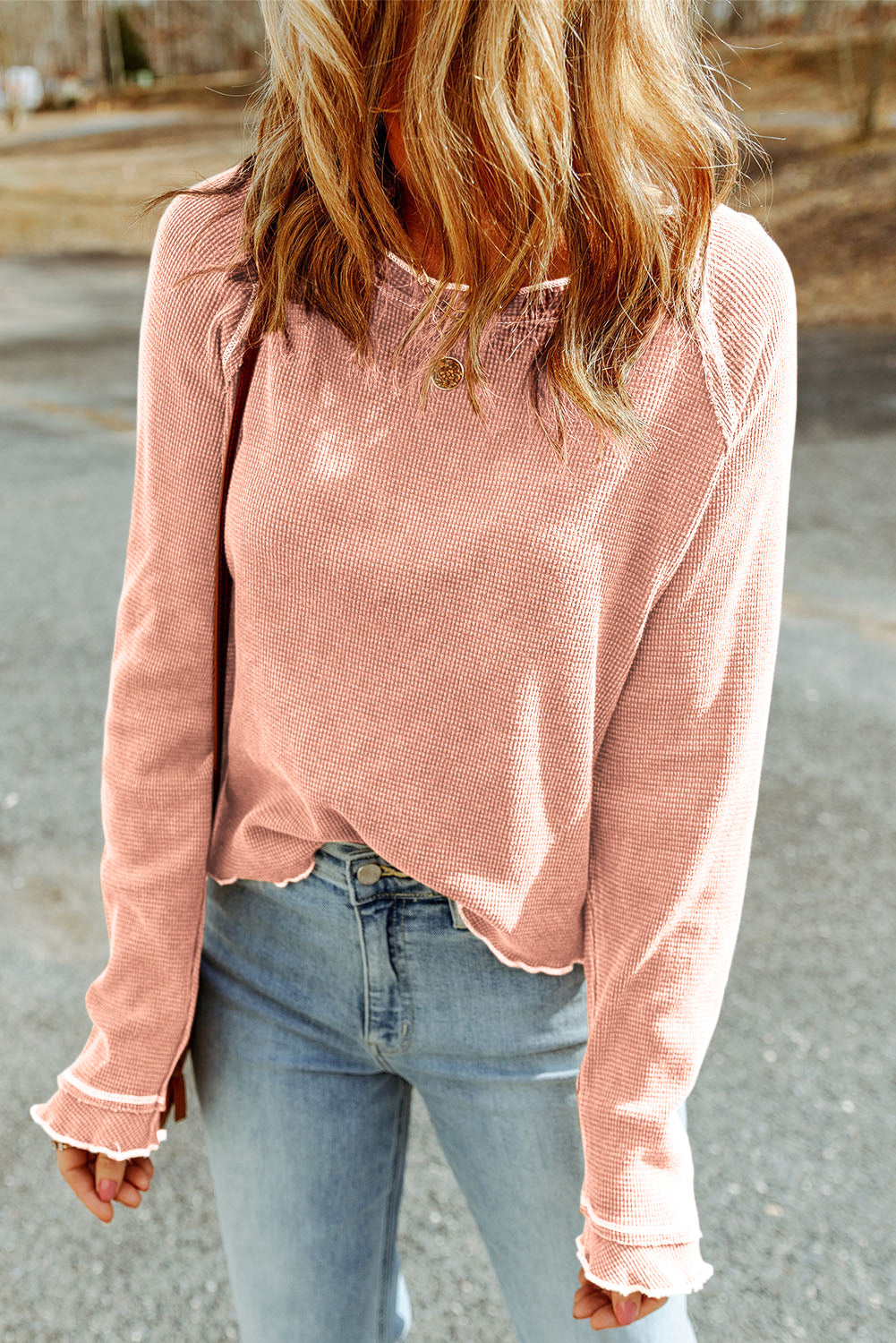 Smoke Gray Textured Round Neck Long Sleeve Top