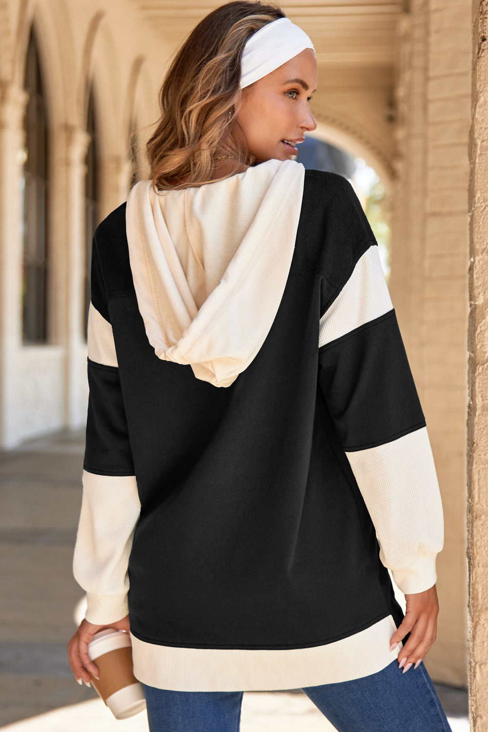 Light French Beige Waffle Contrast Knit Color Block Patchwork Button Front Oversize Hoodie