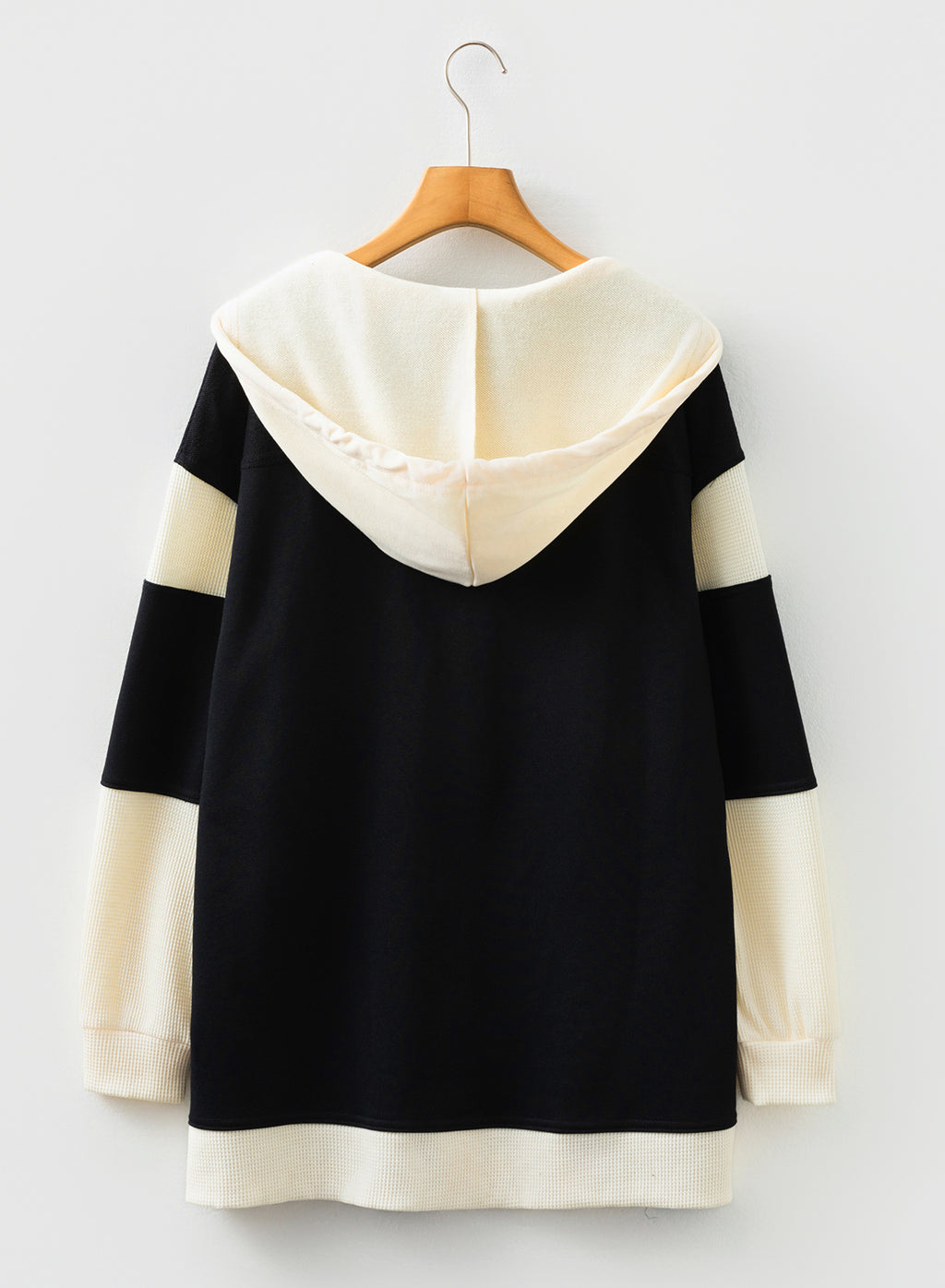 Light French Beige Waffle Contrast Knit Color Block Patchwork Button Front Oversize Hoodie