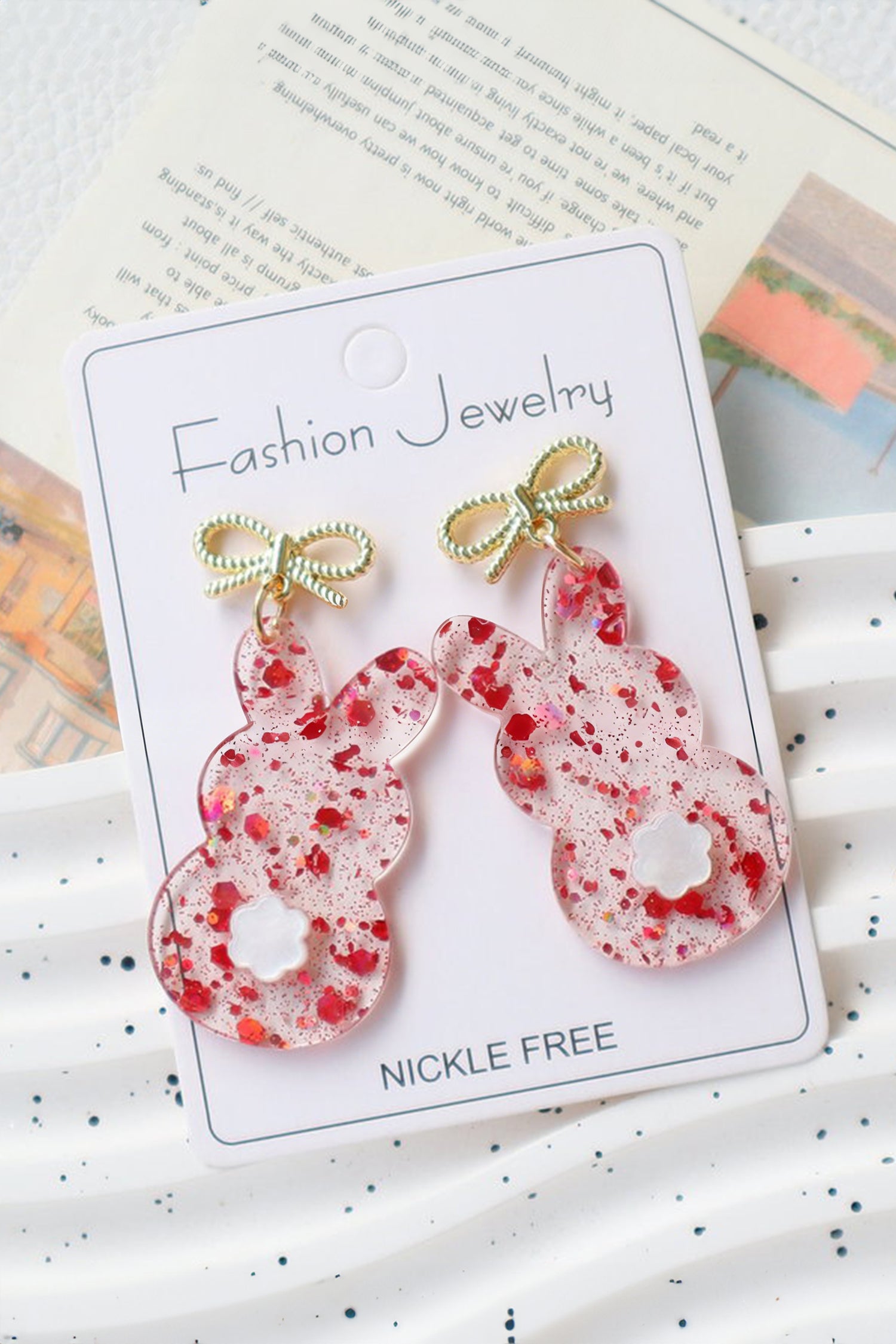 Fiery Red Clear Easter Bunny Bowknot Studded Earrings