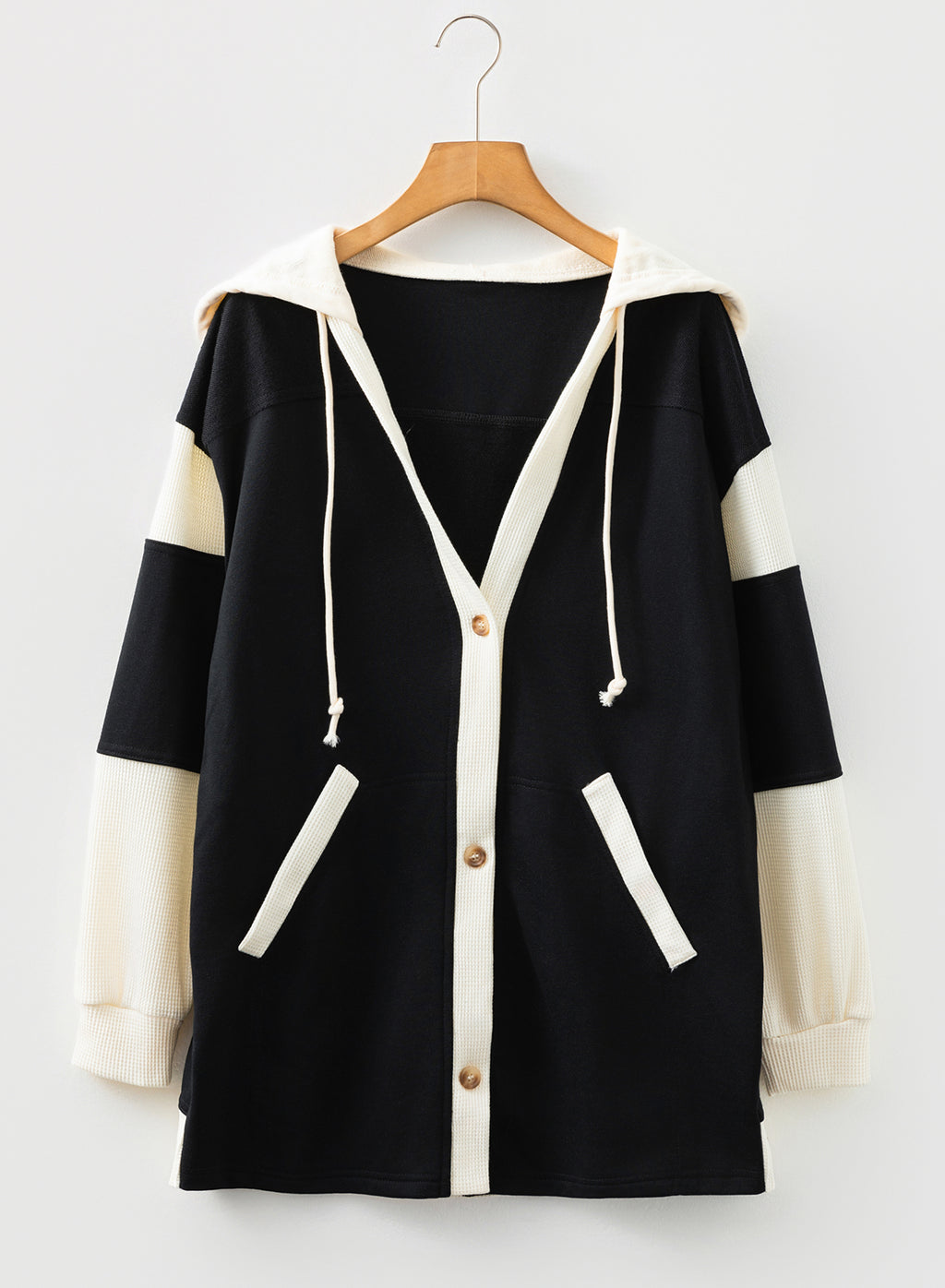 Light French Beige Waffle Contrast Knit Color Block Patchwork Button Front Oversize Hoodie
