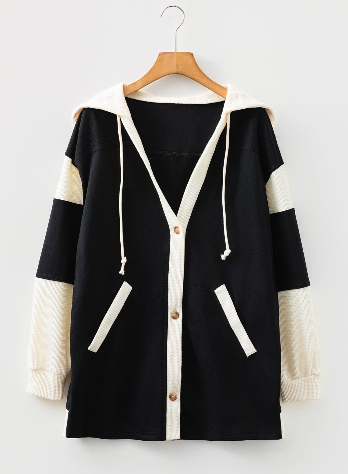 Light French Beige Waffle Contrast Knit Color Block Patchwork Button Front Oversize Hoodie
